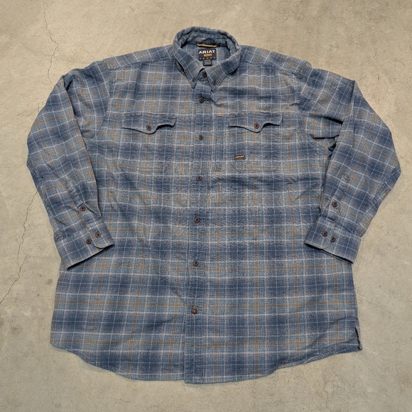 Ariat Rebar Button Down Flannel Plaid Blue Gray Long Sleeve Mens XXL - Picture 1 of 9